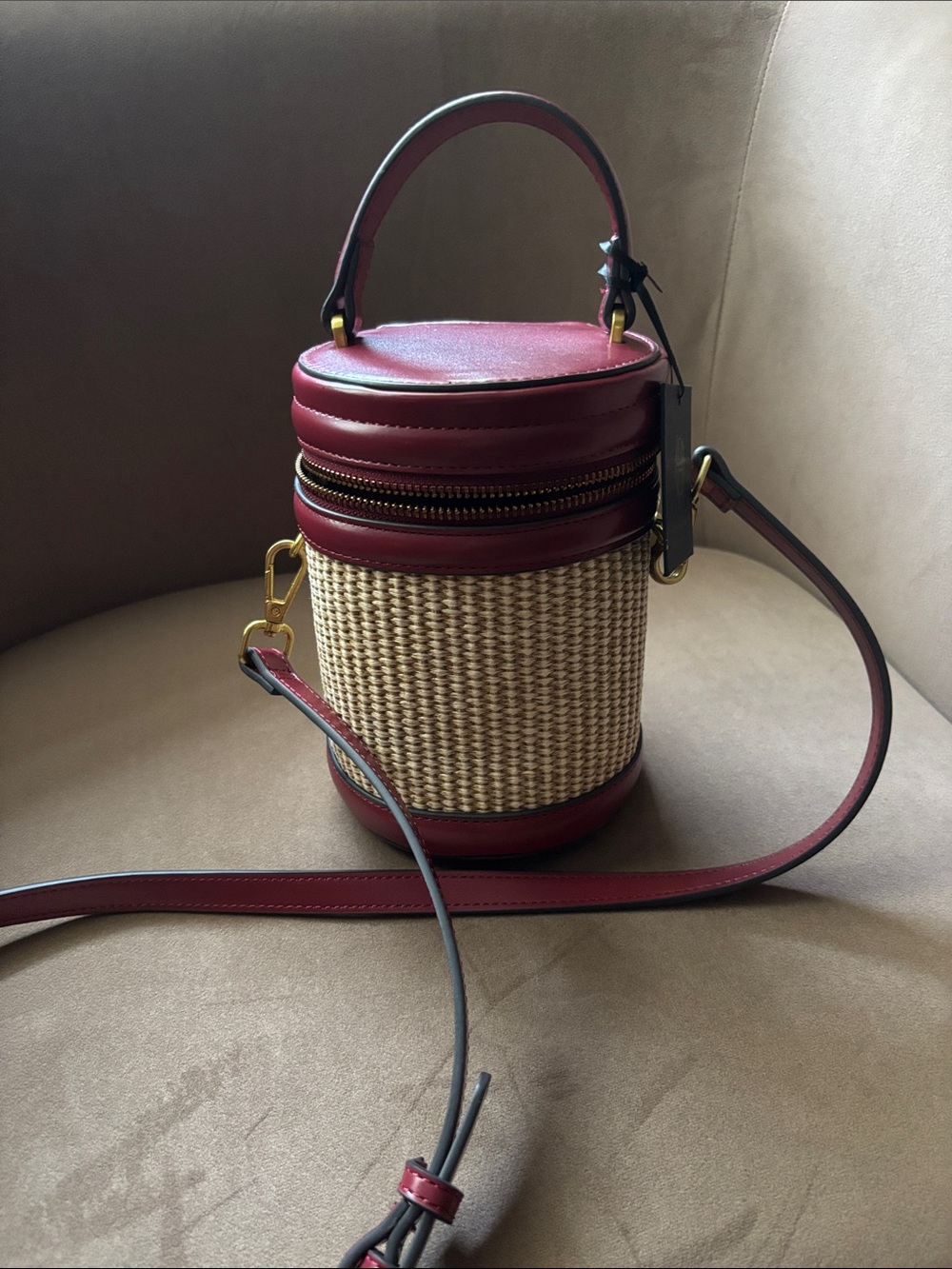 House of Harlow 1960 Red and Natural Straw Cylinder Crossbody Bag